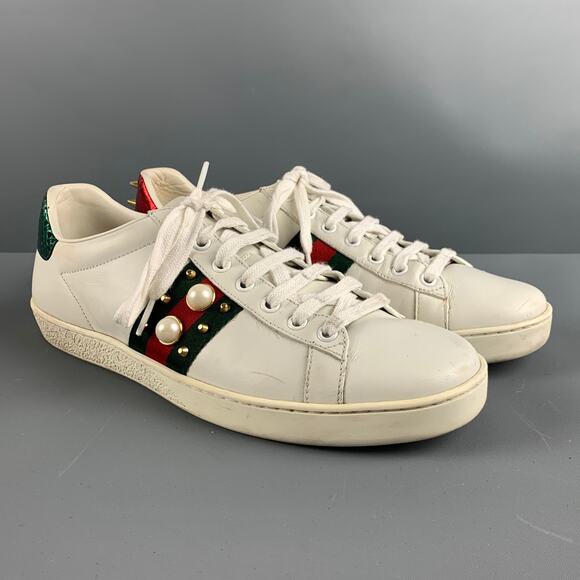GUCCI Size 10 White Green & Red Leather Ribbon Low Top Sneakers - Picture 1 of 8